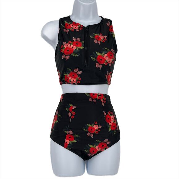 Tankini Swimsuit Top with Rose Print in Black XL - Picture 5 of 6